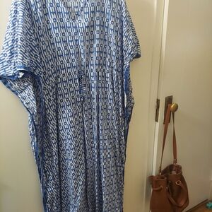 Blue & White Geometric Caftan Dress